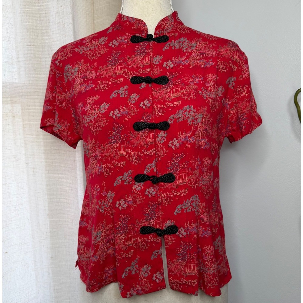 Clio Asian Floral Blouse Cheongsam Frog Toggle Front Red Women's Small Petite